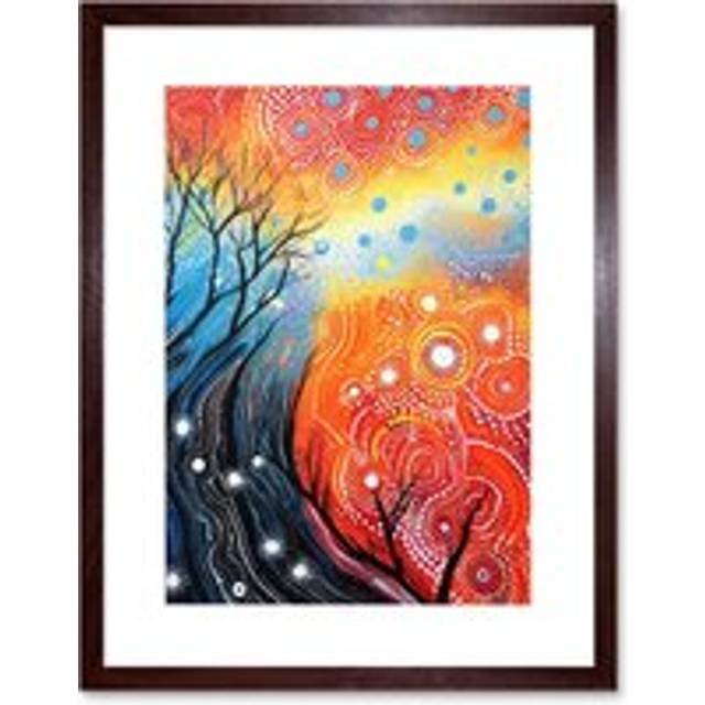 Wall Art Print Contemporary Aboriginal Artwork in Blue and Orange Vibrant Abstract Forest Trees and Stars Artwork Framed 9X7 Inch - Brown - W7 inch x - W7 inch x H9 inch