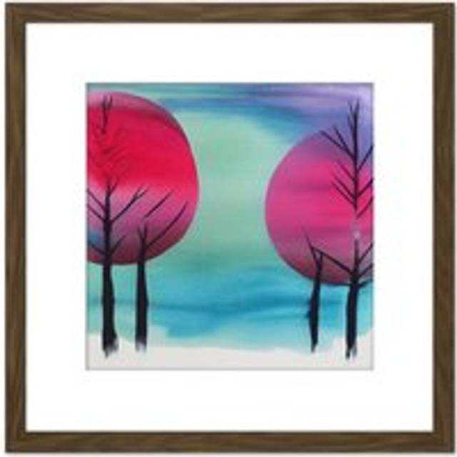 Winter Forest Tree Landscape Japan Inspired Modern Abstract Watercolour Painting Turquoise Pink Purple Square Wooden Framed Wall Art Print Picture 8X8 - Brown - One Size