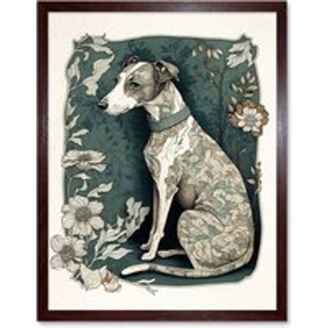 Wall Art Print Whippet Dog with Floral Pattern Fur Coat Art Nouveau Inspired Watercolour Art Framed - Brown - W12 inch x H16 inch