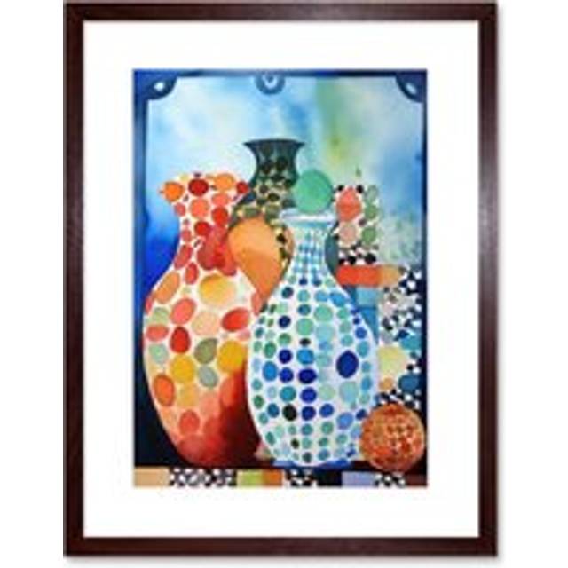 Wall Art Print Polka Dot Glazed Porcelain Ceramic Vases Folk Artwork Framed 9X7 Inch - Brown - W7 inch x H9 inch