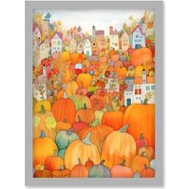 Halloween Pumpkin Festival Autumn Harvest Modern Folk Art Watercolour Painting Artwork Framed Wall Art Print A4 - Grey - One Size