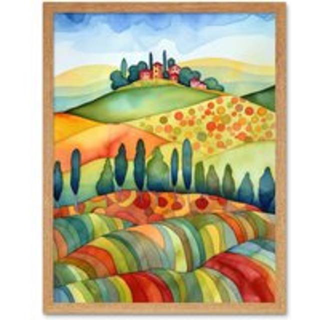 Wall Art Print Landscape Of Tuscany House On The Hill Folk Art Framed - Tan - W12 inch x H16 inch