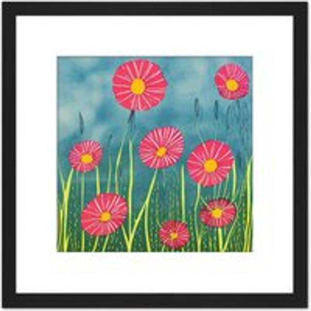 Floral Illustration Flat Chrysanthemum Field Flowers Red Yellow Green Square Wooden Framed Wall Art Print Picture 8X8 Inch - Black - One Size