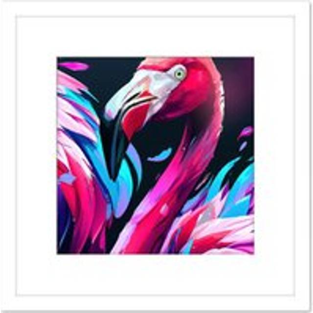 Flamingo Birds Modern Pink Blue Purple Painting Square Wooden Framed Wall Art Print Picture 8X8 Inch - White - One Size