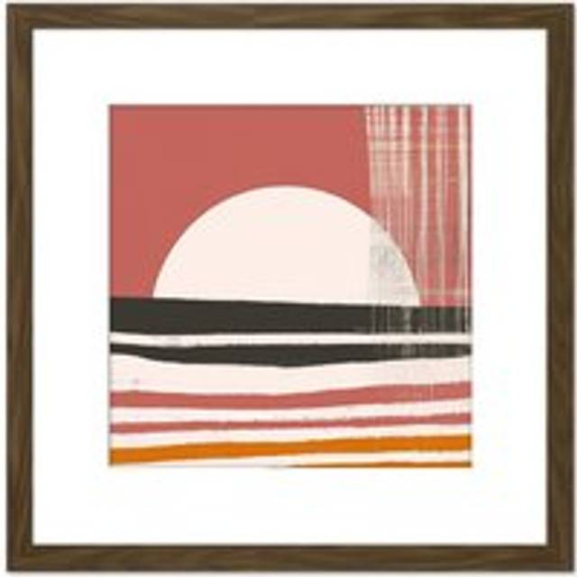 Abstract Sunset Ocean Beach Minimalist Red Sky Painting Square Wooden Framed Wall Art Print Picture 8X8 Inch - Brown - One Size