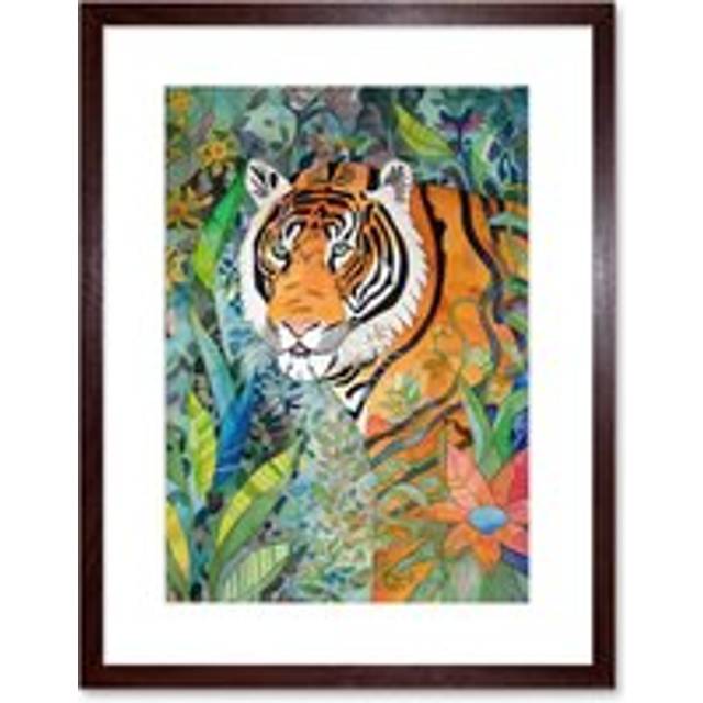 Wall Art Print Jungle Tiger Flowers Leaves Folk Artwork Framed 9X7 Inch - Brown - W7 inch x H9 inch
