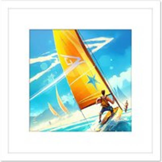 Windsurfers By Coast Yellow Sails Bright Abstract Painting Square Wooden Framed Wall Art Print Picture 8X8 Inch - White - One Size