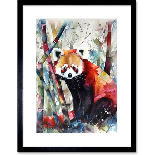 Wall Art Print Red Panda In Bamboo Forest Folk Artwork Framed 9X7 Inch - Black - W7 inch x H9 inch