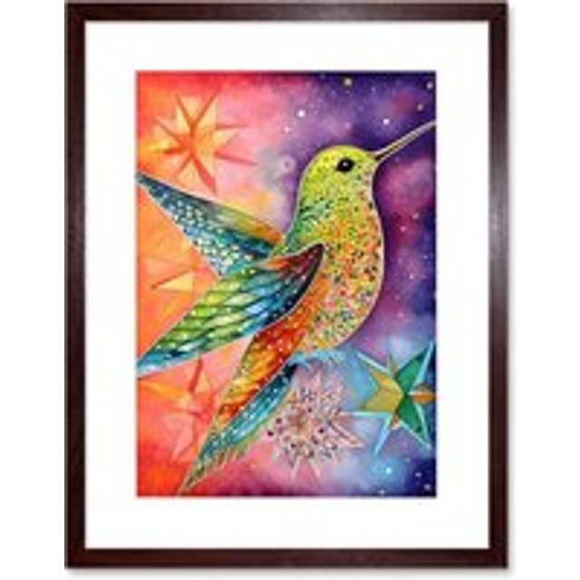 Wall Art Print Hummingbird In Vibrant Astral Field Folk Art Watercolour Painting Artwork Framed 9X7 Inch - Brown - W7 inch x H9 inch