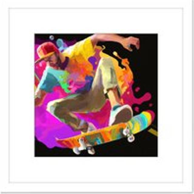 Skater Skateboarding Jump Air Modern Neon Multicoloured Acrylic Paint Splatter Painting Square Wooden Framed Wall Art Print Picture 8X8 Inch - White - - One Size