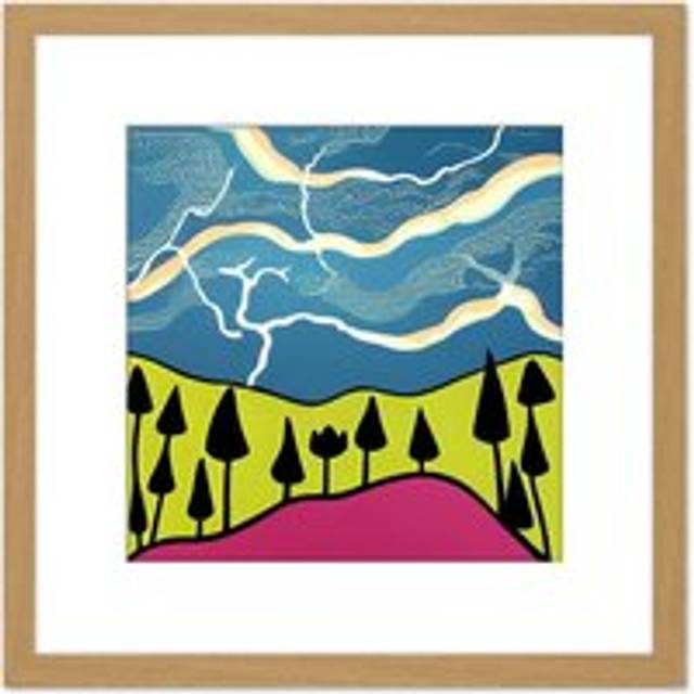 Abstract Forest Mountain Landscape Cloudy Thunderstorm Sky Ink Stamp Illustration Square Wooden Framed Wall Art Print Picture 8X8 Inch - Tan - One Siz - One Size