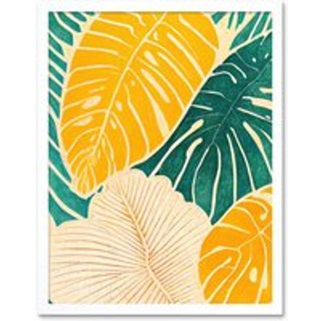 Wall Art Print Tropical Monstera Cheese Plant Leaf Boho Painting Art Framed - White - W12 inch x H16 inch