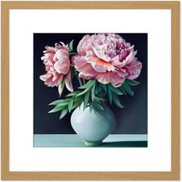 Vase Pink Peony Flowers Floral Bloom Still Life Painting Illustration Pink Square Wooden Framed Wall Art Print Picture 8X8 Inch - Tan - One Size