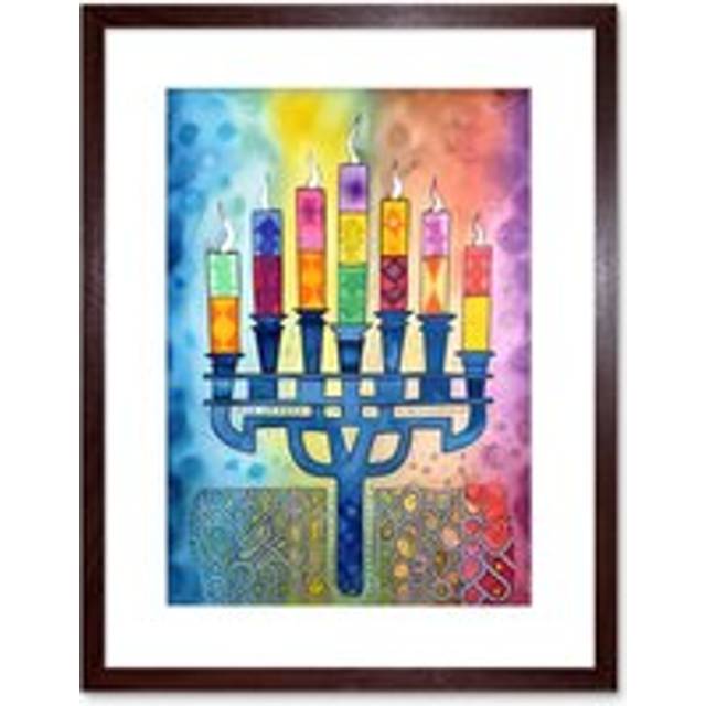 Wall Art Print Jewish Menorah Candles Multicolour Folk Art Watercolour Painting Artwork Framed 9X7 Inch - Brown - W7 inch x H9 inch