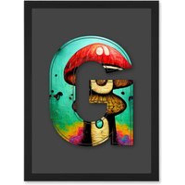 Letter G Green Red Mushrooms Decorative Graffiti Mural Alphabet Initial Stencil Artwork Framed Wall Art Print A4 - Black - One Size