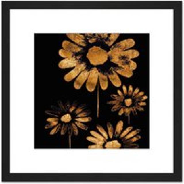 Bronze Daisy Daisies Flowers on Black Metallic Effect Foil Style Black Painting Square Wooden Framed Wall Art Print Picture 8X8 Inch - One Size