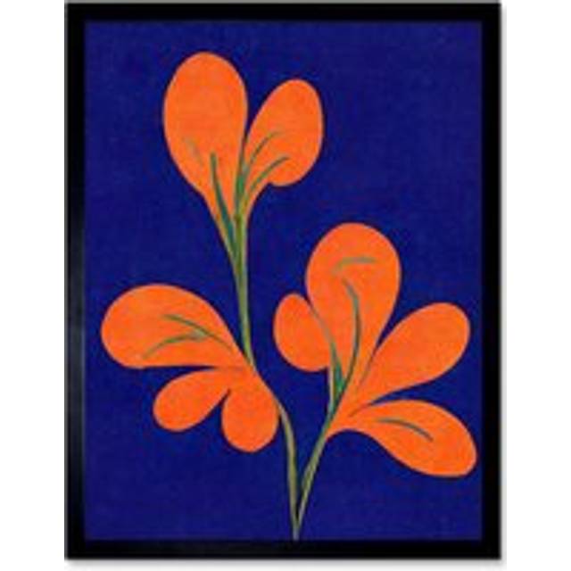 Wall Art Print Henri Matisse Inspired Bright Abstract Orange Flower Blooms On Royal Blue Art Framed - Black - W12 inch x H16 inch