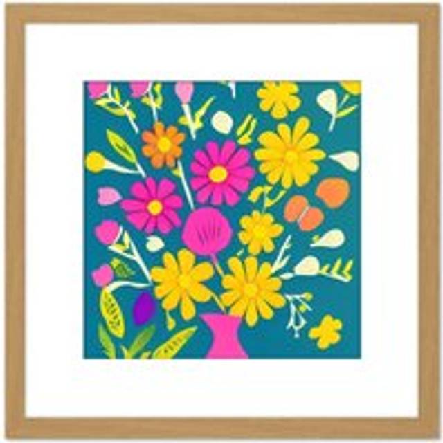 Abstract Bouquet Pink Yellow Daisy Flowers On Ocean Blue Square Wooden Framed Wall Art Print Picture 8X8 Inch - Tan - One Size