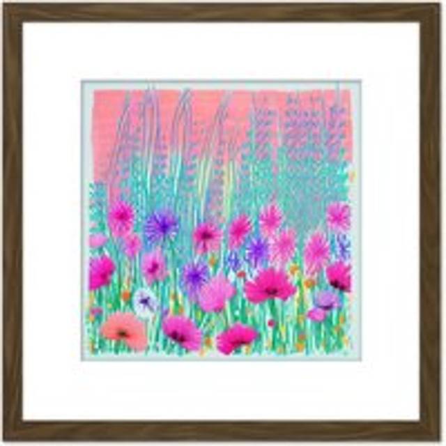 Abstract Floral Meadow Flowers Pink Turquoise Colourful Painting Square Wooden Framed Wall Art Print Picture 8X8 Inch - Brown - One Size