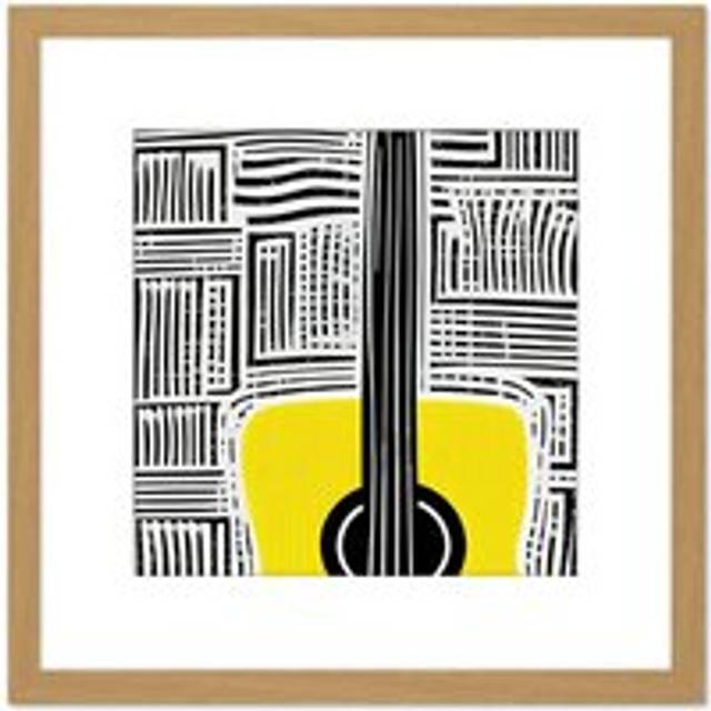 Abstract Guitar Boho Yellow Acoustic Lines Music Illustration Square Wooden Framed Wall Art Print Picture 8X8 Inch - Tan - One Size