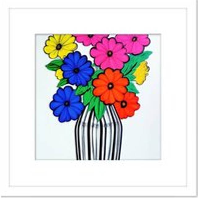Colourful Daisy Flower Bouquet In Vase Blue Pink Yellow Painting Square Wooden Framed Wall Art Print Picture 8X8 Inch - White - One Size