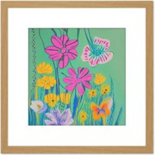 Wildflower Meadow of Pink and Yellow Flowers in Bloom Vibrant Abstract Painting Square Wooden Framed Wall Art Print Picture 8X8 Inch - Tan - One Size