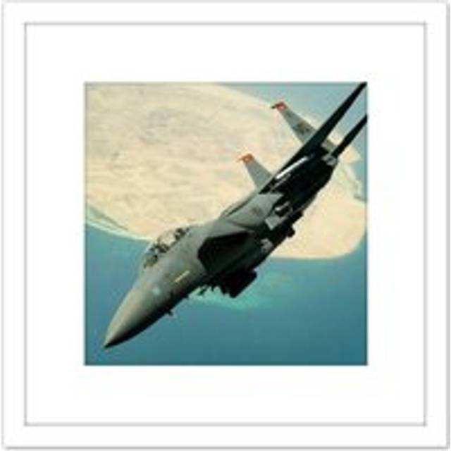 Military USA USAF F-15E Strike Eagle Jet Fighter 8X8 Inch Square Wooden Framed Wall Art Print Picture with Mount - White - One Size