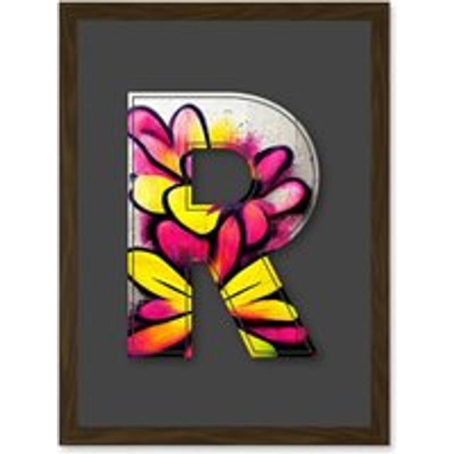 Letter R Yellow Pink Flower Decorative Graffiti Mural Alphabet Initial Stencil Artwork Framed Wall Art Print A4 - Brown - One Size