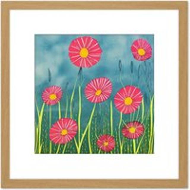 Floral Illustration Flat Chrysanthemum Field Flowers Red Yellow Green Square Wooden Framed Wall Art Print Picture 8X8 Inch - Tan - One Size