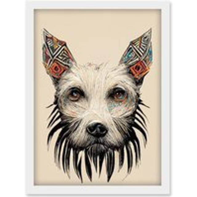 Boho Terrier Dog Face With Tribal Pattern Ears Artwork Framed Wall Art Print A4 - White - One Size