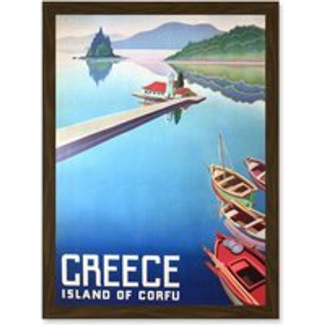 Corfu Greece Boats Pier Mount Travel Advert Artwork Framed Wall Art Print A4 - Brown - One Size