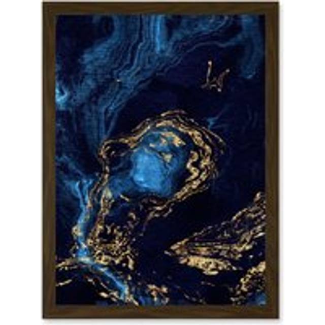 Abstract Dark Blue Gold Waves Modern Artwork Framed Wall Art Print A4 - Brown - One Size