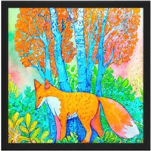 Wall Art Print Fox in Woods Trees Forest Vibrant Colours Orange Splatter Watercolour Painting Square Framed Picture 16X16 Inch - Black - W16 inch x H1 - W16 inch x H16 inch