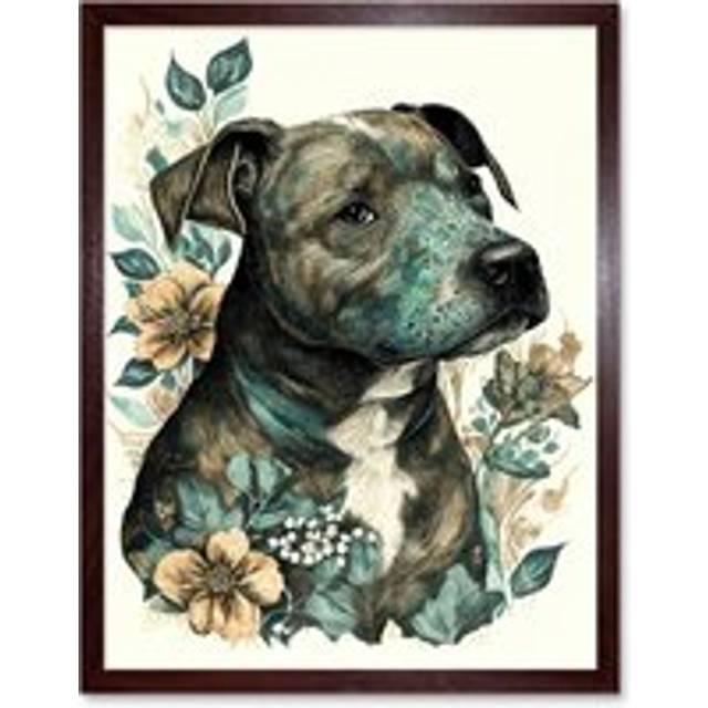 Wall Art Print Black Staffordshire Bull Terrier and Flowers Detailed Coloured Pencil Portrait Art Framed - Brown - W12 inch x H16 inch