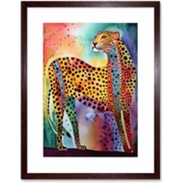 Wall Art Print Colourful Cheetah Folk Art Watercolour Painting Artwork Framed 9X7 Inch - Brown - W7 inch x H9 inch