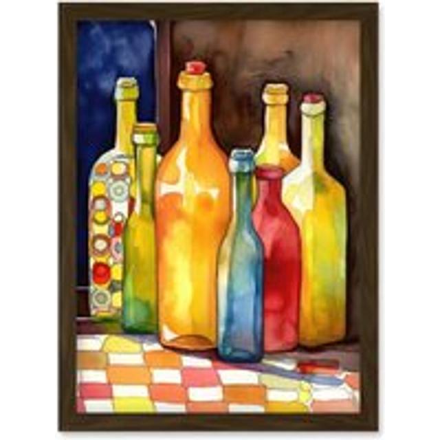 Coloured Bottles On Checked Tablecloth Still Life Watercolour Painting Artwork Framed Wall Art Print A4 - Brown - One Size