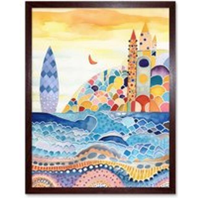 Wall Art Print Abstract Seascape Waves On Beach Folk Art Bathroom Art Framed - Brown - W12 inch x H16 inch