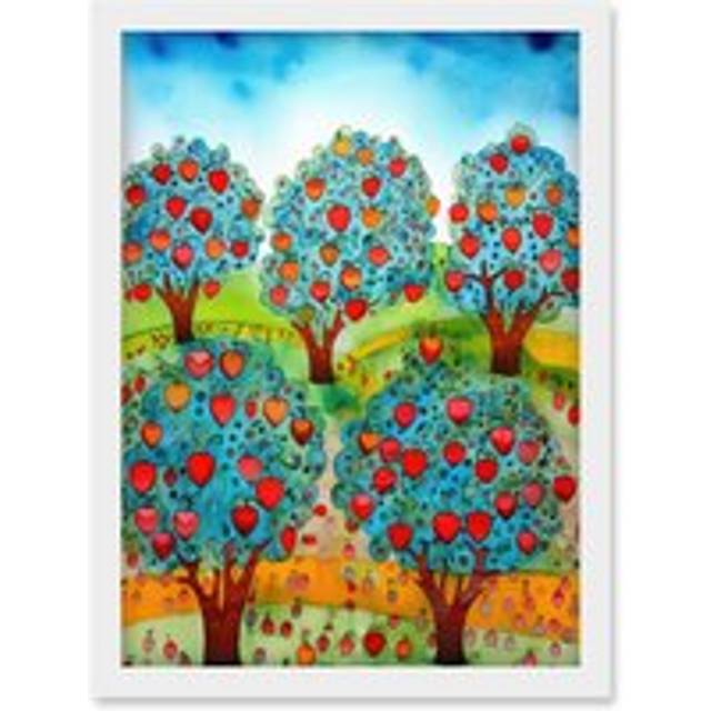 Apple Orchard Trees Ready For Harvest Folk Art Landscape Watercolour Painting Artwork Framed Wall Art Print A4 - White - One Size