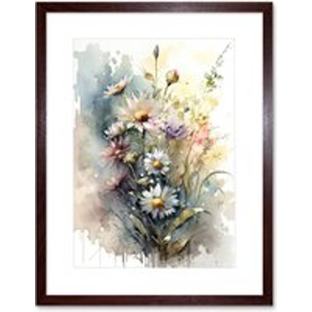 Wall Art Print Wild Flower Daisies in Bloom Modern Boho Watercolour Painting Artwork Framed 9X7 Inch - Brown - W7 inch x H9 inch