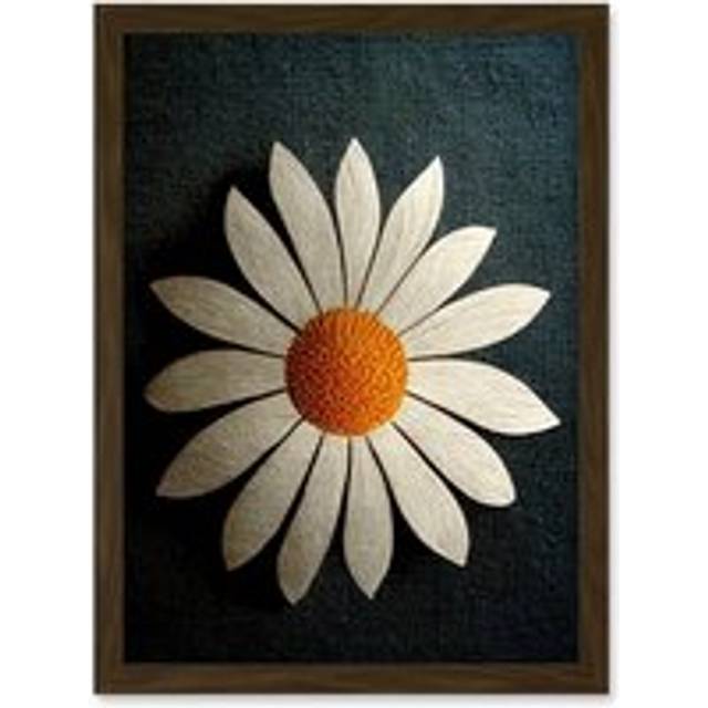Bold Single Daisy Blossom Flower Collage On Fabric Painting Artwork Framed Wall Art Print A4 - Brown - One Size