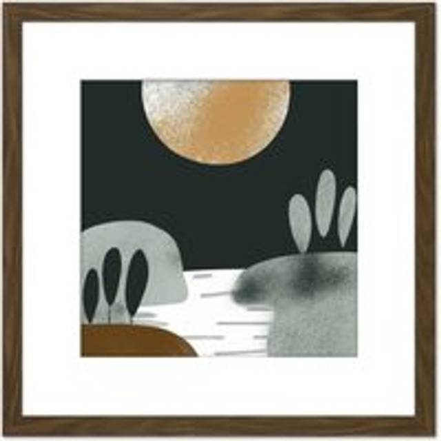 Dark Green Gold Simple Boho Abstract Full Moon Sun Landscape Pastel Bohemian Painting Square Wooden Framed Wall Art Print Picture 8X8 Inch - Brown - O - One Size