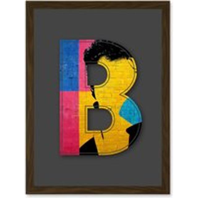 Letter B Bright Abstract Face Yellow Decorative Graffiti Mural Alphabet Initial Stencil Artwork Framed Wall Art Print A4 - Brown - One Size