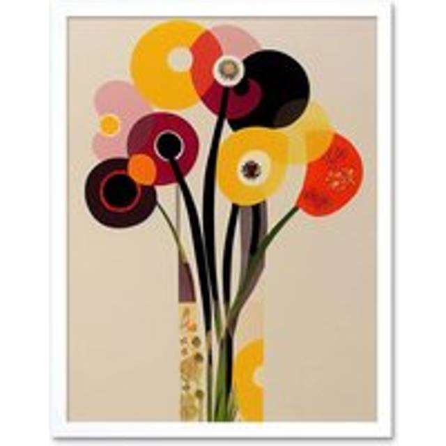 Wall Art Print Abstract Retro Spring Summer Flowers Floral Yellow Burgundy Orange Bouquet Vase Art Framed - White - W12 inch x H16 inch