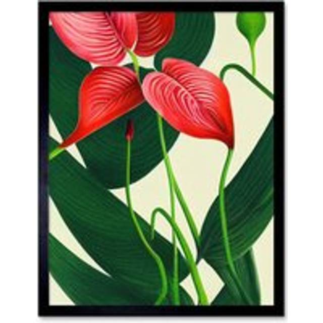 Wall Art Print Laceleaf Flower Floral Tropical Leaf Pink Anthurium Painting Art Framed - Black - W12 inch x H16 inch