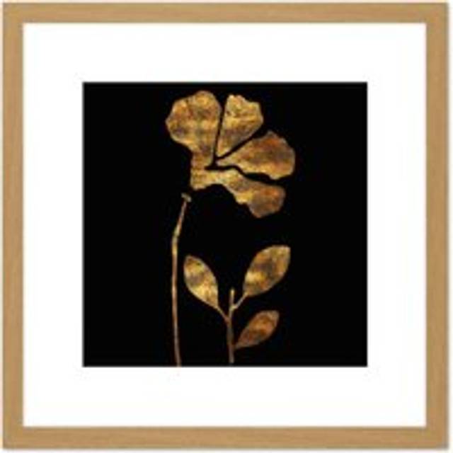 Metallic Foil Effect Style Copper Gold Flowers Botanical Black Painting Square Wooden Framed Wall Art Print Picture 8X8 Inch - One Size - Tan