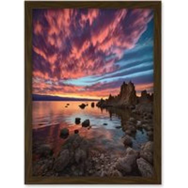 Atmospheric Sunset Clouds Over Mono Lake Lakeside Landscape Modern Watercolour Painting Artwork Framed Wall Art Print A4 - Brown - One Size