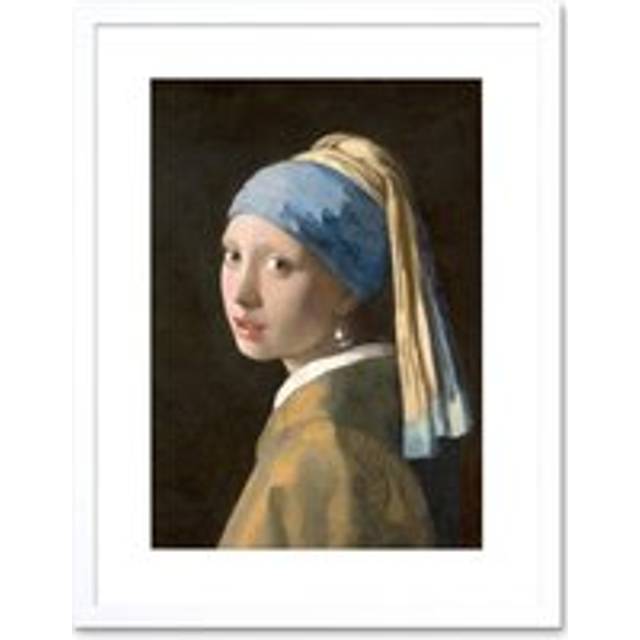 Wall Art Print Johannes Vermeer Girl with a Pearl Earring Reproduction Painting Artwork Framed 9X7 Inch - White - W7 inch x H9 inch