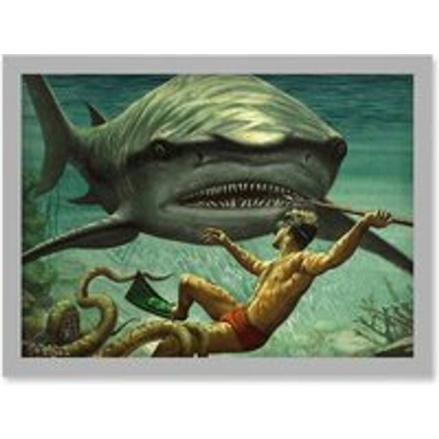 Painting Shark Attack Octopus Diver Spear Adventure Underwater Artwork Framed Wall Art Print A4 - Grey - One Size