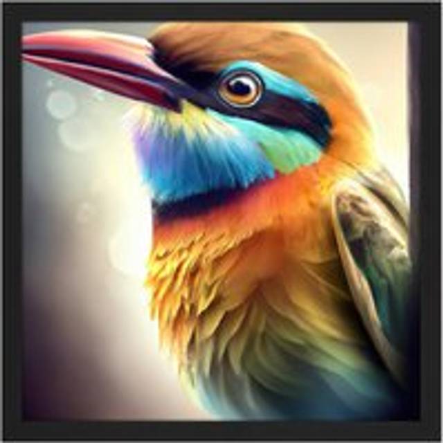 Wall Art Print Bird Multicoloured Feathers Plumage Bright Painting Square Framed Picture 16X16 Inch - Black - W16 inch x H16 inch