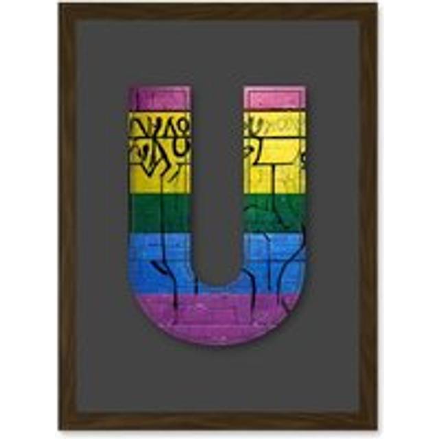 Letter U Sriped Wall Yellow Purple Green Blue Decorative Graffiti Mural Alphabet Initial Stencil Artwork Framed Wall Art Print A4 - Brown - One Size